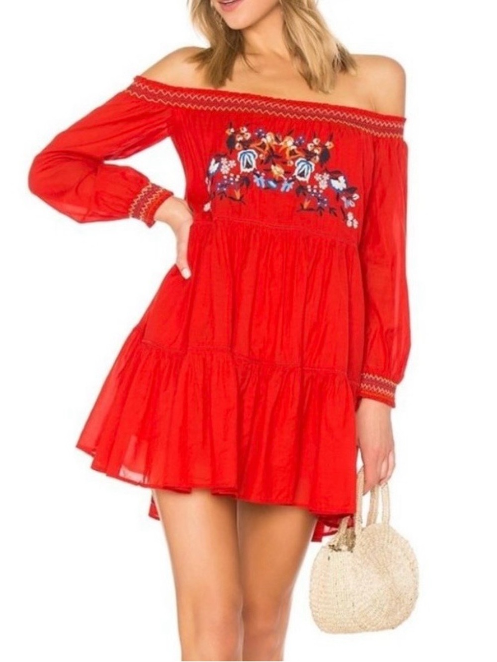 Free People Sunbeams Red Off-Shoulder Embroidered Tiered Mini Dress -Boho Hippie